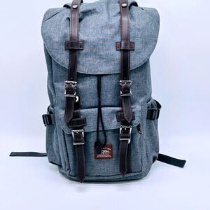 Kaukko Vintage and Vogue Grey Canvas Rucksack Backpack Brown Leather Trim Buckle